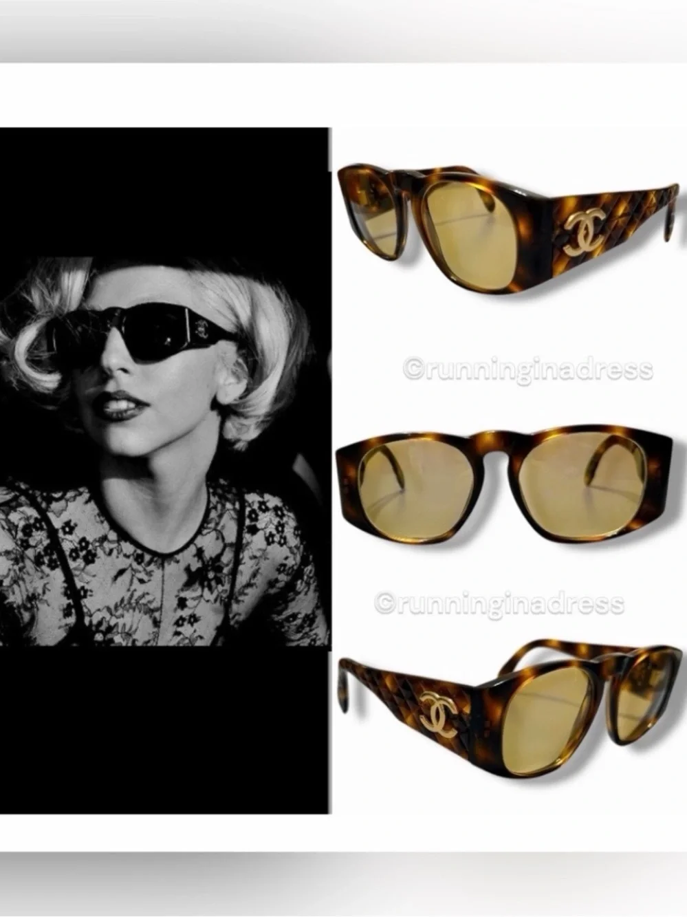 Vintage Chanel 01450 Quilted Sunglasses Tortoise Amber Lens SS 1991 Runway